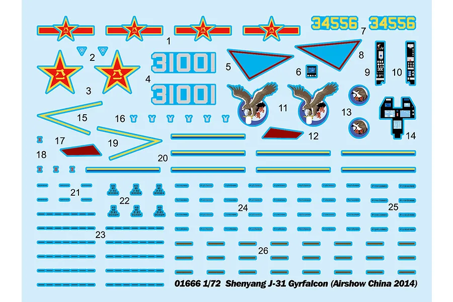 A decal sheet for the Trumpeter 1/72 scale Shenyang J-31 Gyrfalcon model kit, featuring various markings, numbers, and insignia on a light blue backing.