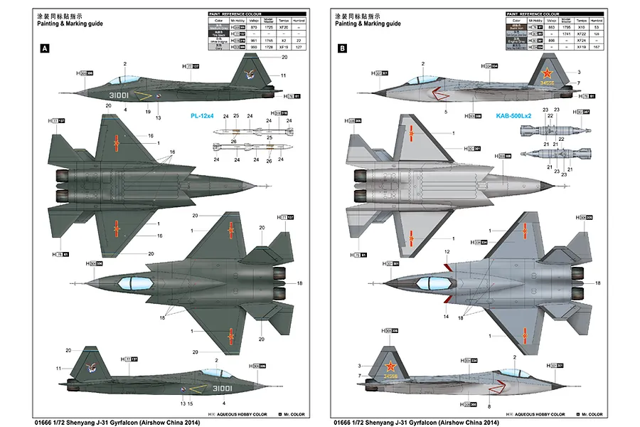 Painting and marking guide for a 1/72 scale Trumpeter Shenyang J-31 model kit showing two different camouflage schemes.