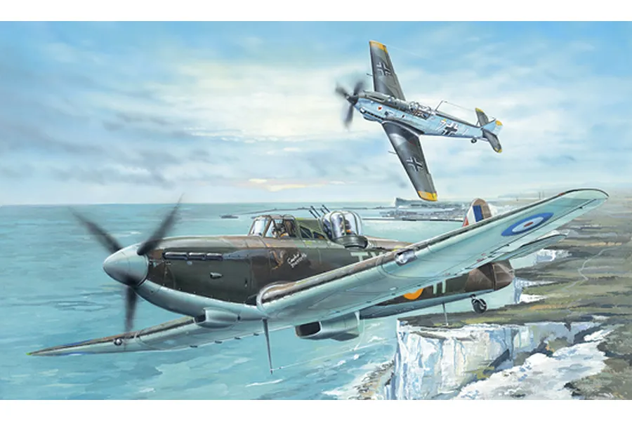 Box art illustration of a Boulton Paul Defiant aircraft flying over the White Cliffs of Dover, pursued by a German Messerschmitt Bf 109.