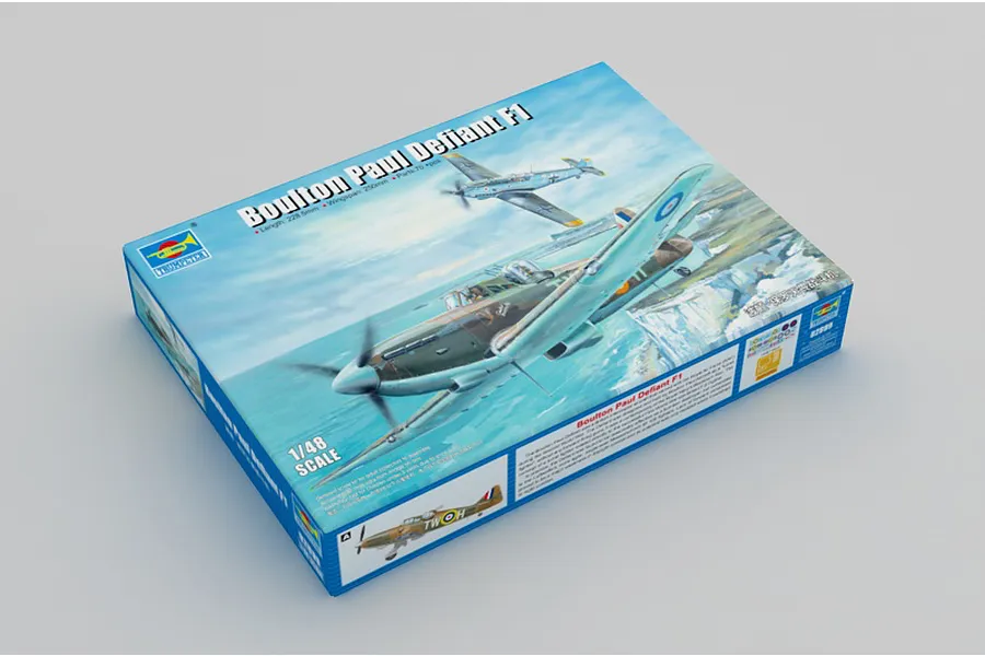 Trumpeter 1/48 scale Boulton Paul Defiant F1 plastic model kit box showing artwork of the aircraft in flight over a coastal landscape.