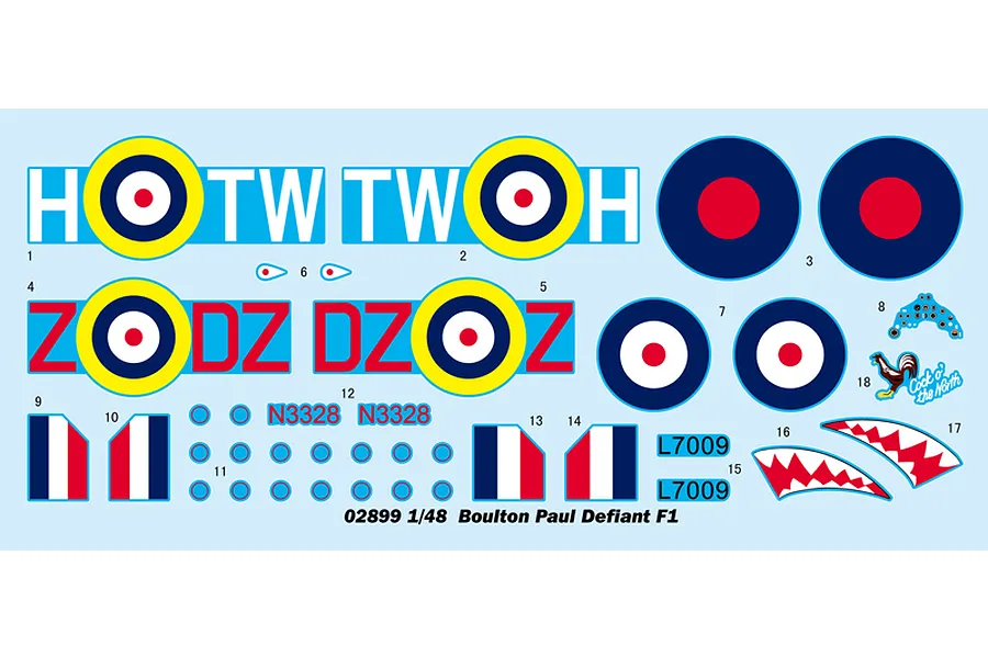 A decal sheet for a 1/48 scale Boulton Paul Defiant F1 model kit, featuring RAF roundels, squadron codes, serial numbers, and nose art.