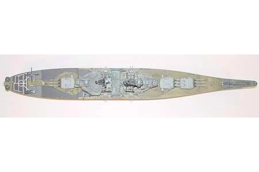 Top-down view of a 1/700 scale model of the USS Missouri battleship, showing deck details, gun turrets, and superstructure.