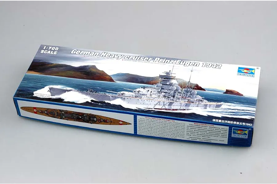 Trumpeter 1/700 scale German Heavy Cruiser Prinz Eugen 1942 plastic model kit box showing a painting of the ship at sea.