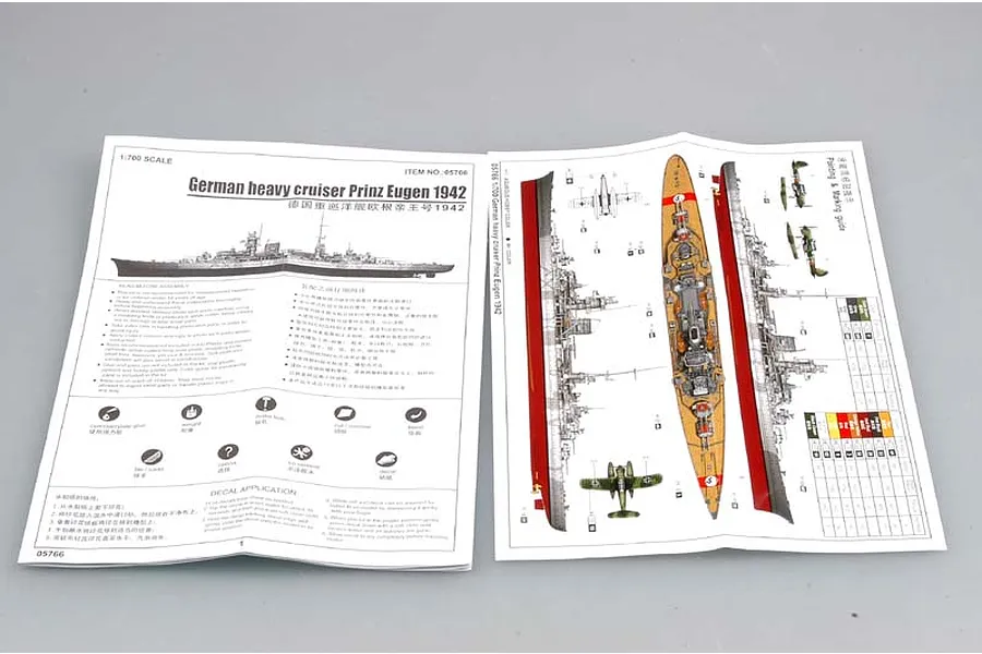 Instruction manual and painting guide for the Trumpeter 1/700 scale German heavy cruiser Prinz Eugen 1942 plastic model kit.