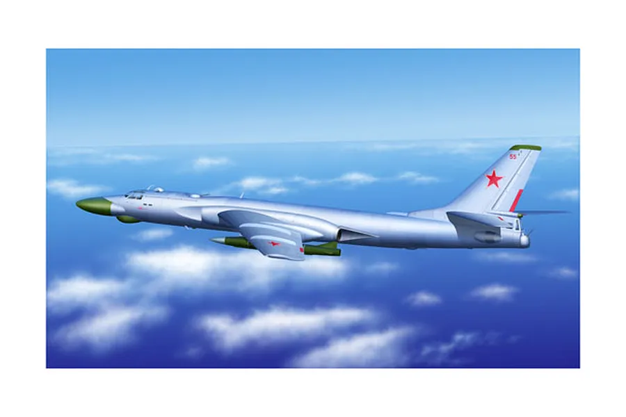 A digital illustration of a Tu-16 Badger bomber flying above clouds, featuring a silver fuselage, green nose cone, and red star insignia on the tail.