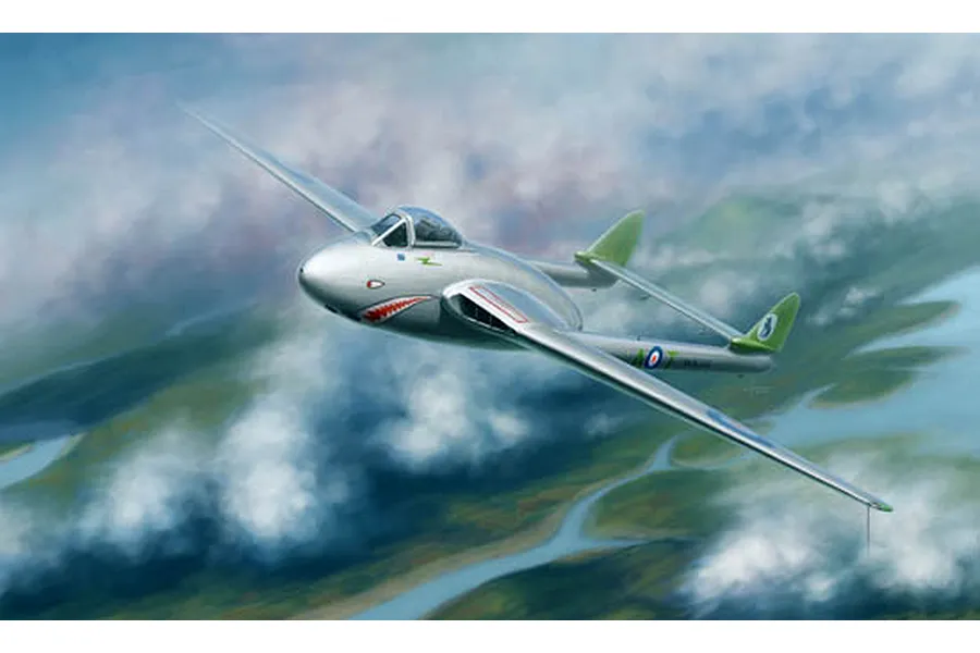 An artistic illustration of a silver de Havilland Vampire jet flying over a landscape with clouds and a river.