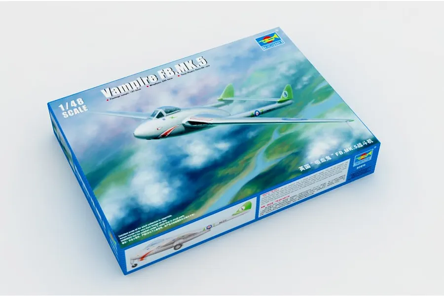 Trumpeter 1/48 scale Vampire FB.MK.5 fighter jet plastic model kit box showing artwork of the aircraft in flight.