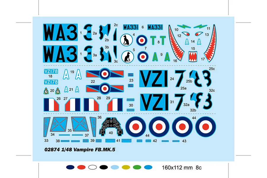A decal sheet for a 1/48 scale Trumpeter Vampire FB.MK.5 model kit, featuring various aircraft markings, roundels, and identification numbers.