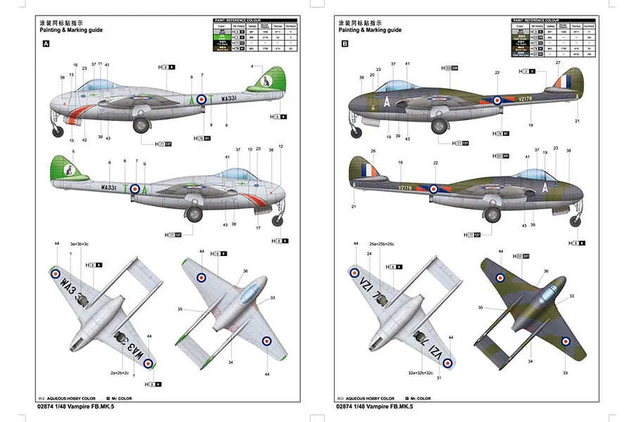 Painting and marking guide for the Trumpeter 1/48 Vampire FB.MK.5 model kit, showing side and top views of two different aircraft liveries.