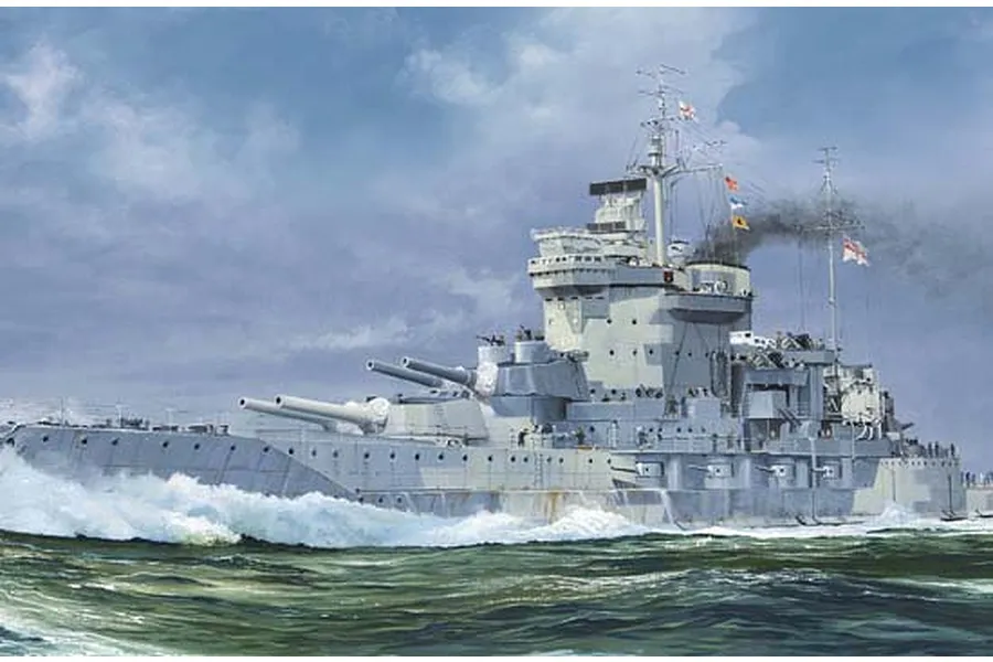An artistic illustration of the HMS Warspite battleship at sea, featuring grey camouflage, large gun turrets, and smoke rising from the funnel.