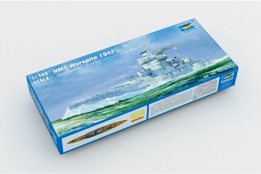 Trumpeter 1/700 scale HMS Warspite 1942 battleship plastic model kit box, showing artwork of the ship at sea.