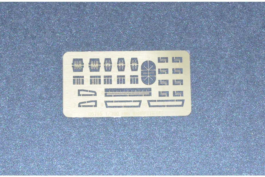 A photo-etched brass detail sheet for a 1/700 scale HMS Warspite model kit, featuring various small ship parts.