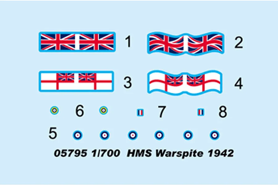 A decal sheet for a 1/700 scale Trumpeter HMS Warspite 1942 model kit, featuring British flags, naval ensigns, and roundels.