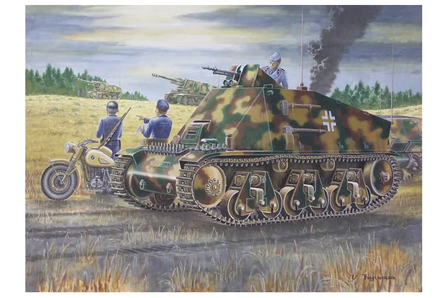 Box art illustration of a German Artillery Observation 38h vehicle with a motorcycle and soldiers in a field.