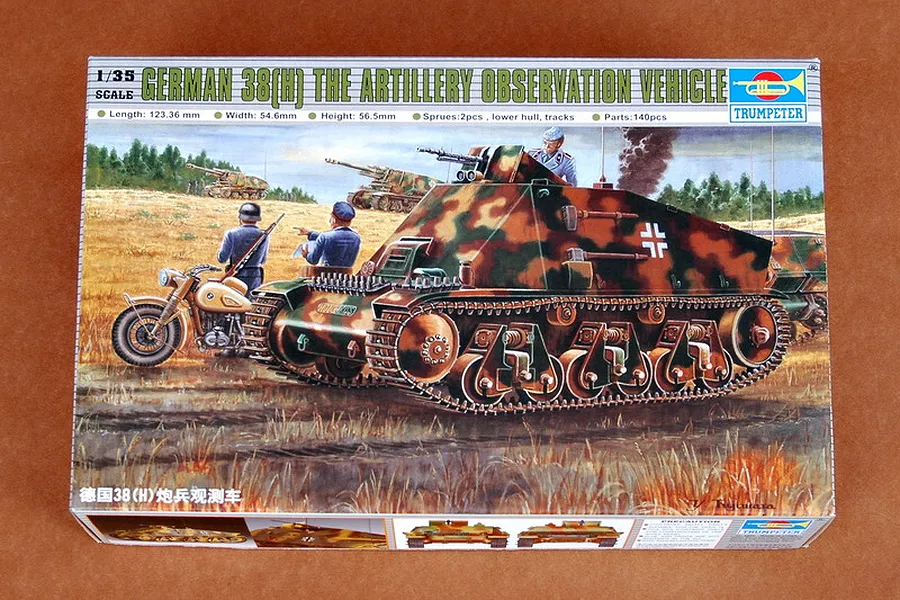 Trumpeter 1/35 scale German 38(H) Artillery Observation Vehicle plastic model kit box art showing a camouflaged tank and a motorcycle.