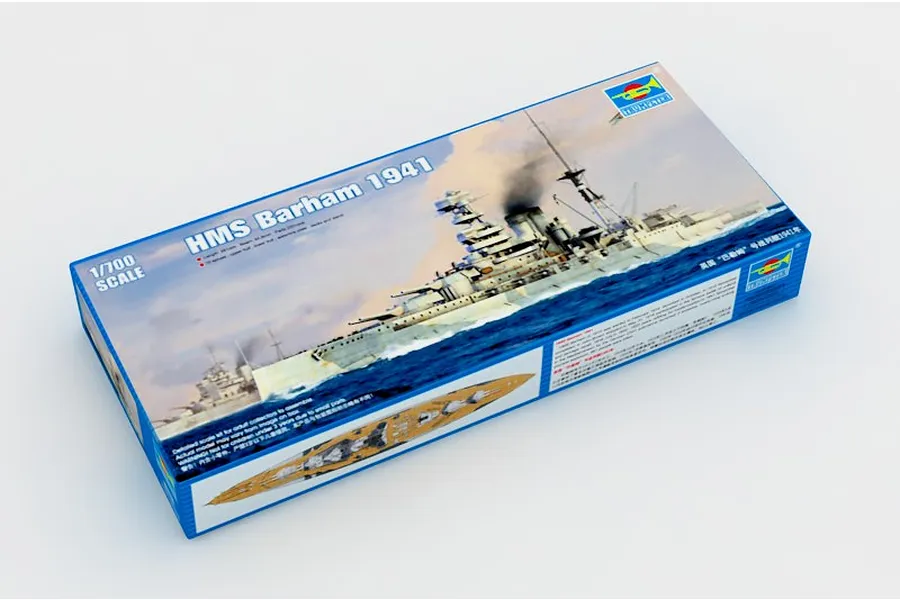 Trumpeter 1/700 scale HMS Barham 1941 battleship plastic model kit box showing artwork of the ship at sea.