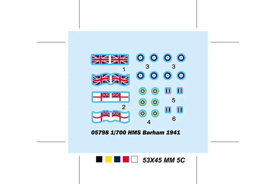 A decal sheet for the Trumpeter 1/700 HMS Barham 1941 model kit, featuring British flags, roundels, and identification markings on a light blue background.