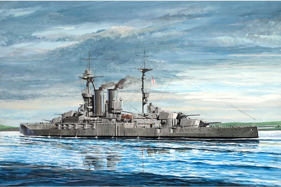 An artistic illustration of the HMS Warspite battleship at sea, featuring grey hull, tall masts, and smoke rising from funnels against a cloudy sky.