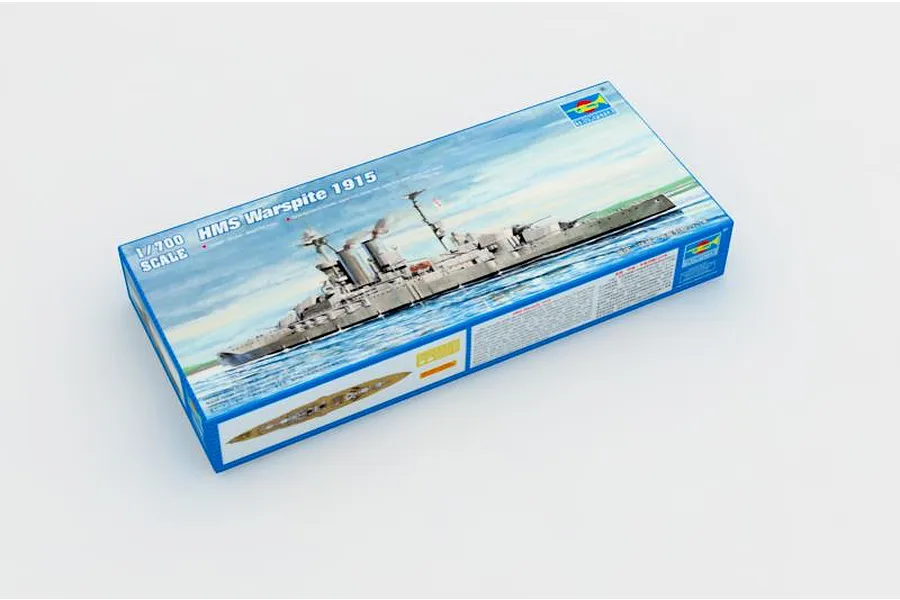 A Trumpeter 1/700 scale HMS Warspite 1915 battleship plastic model kit box shown from a high-angle perspective.