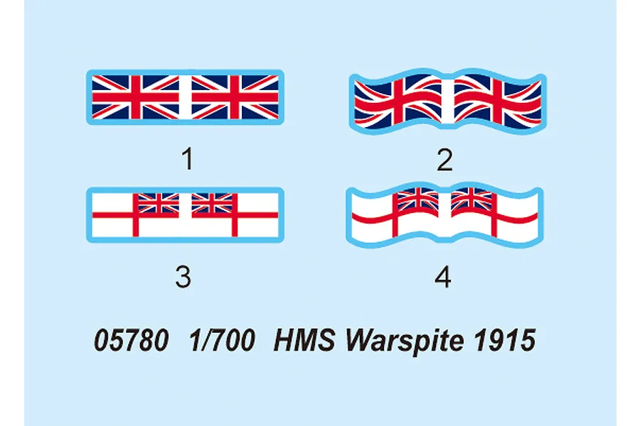 A decal sheet for the Trumpeter 1/700 HMS Warspite 1915 model kit, showing four British flags in flat and wavy styles with corresponding numbers.