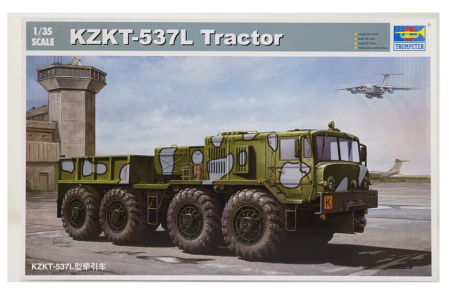 Box art for a 1/35 scale Trumpeter KZKT-537L Tractor plastic model kit featuring an illustration of the military truck at an airfield.