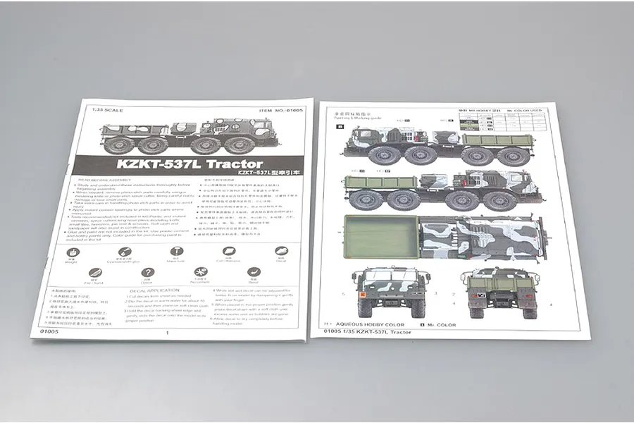 Instruction manual pages for the Trumpeter 1/35 scale KZKT-537L Tractor model kit, showing assembly guides and painting diagrams.