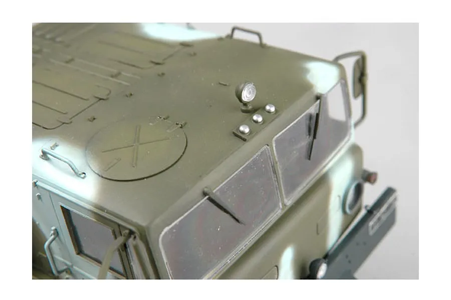 Close-up of the roof and windshield area of a painted 1/35 scale KZKT-537L military truck model kit.