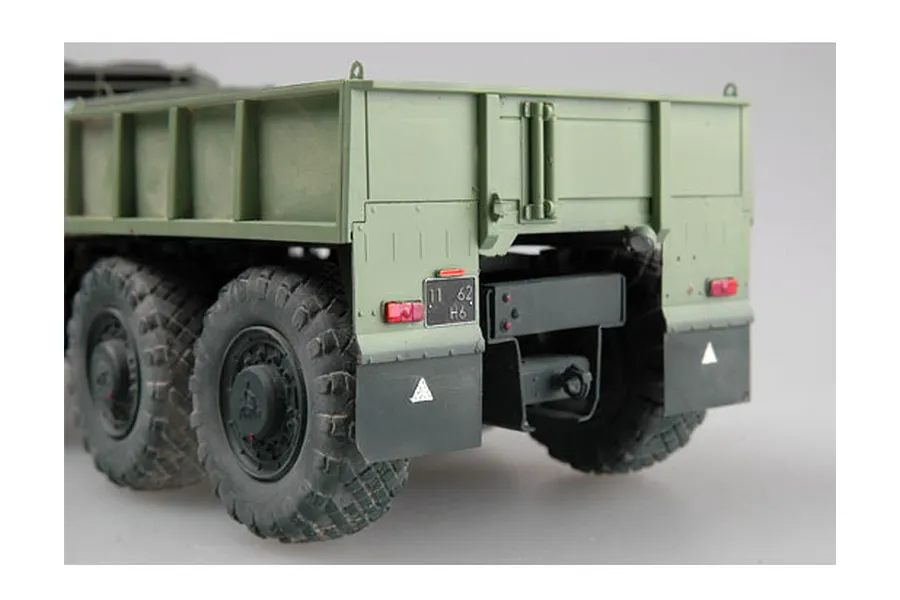 Rear view of a 1/35 scale plastic model of a KZKT-537L military airfield truck, showing the cargo bed, large off-road tires, and mud flaps.