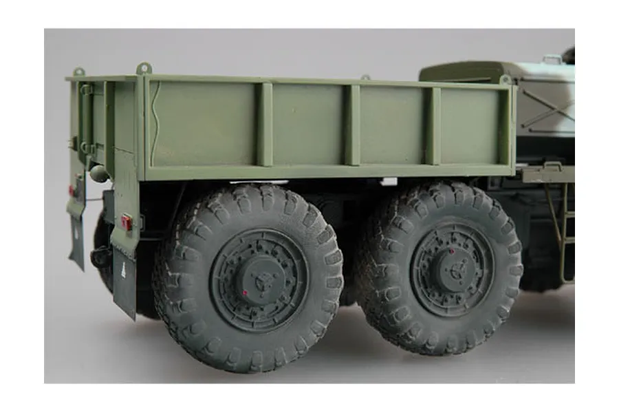 Close-up of the rear cargo bed and dual wheels of a 1/35 scale KZKT-537L military truck model kit.