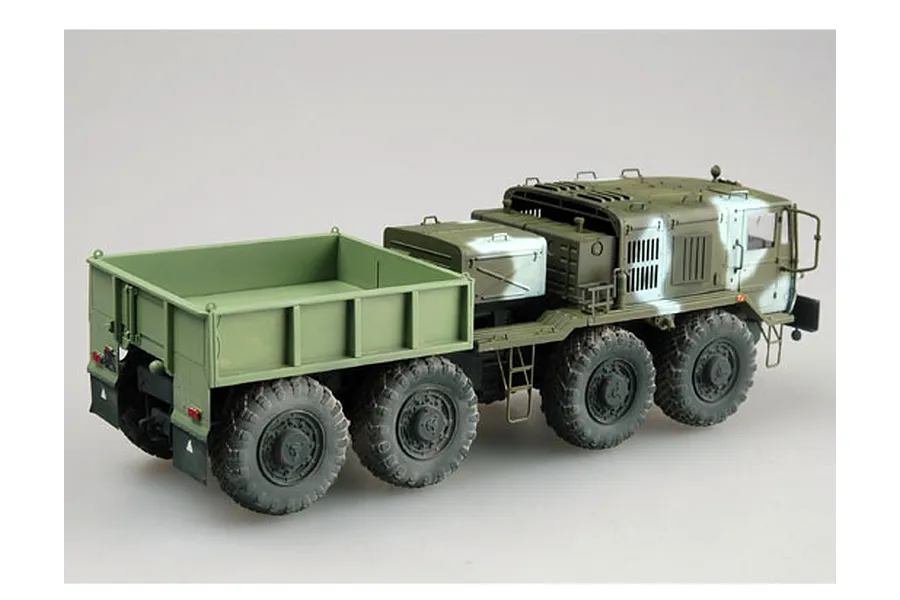 A 1/35 scale plastic model of a KZKT-537L airfield truck, painted in a green and white camouflage pattern, viewed from the rear three-quarter angle.