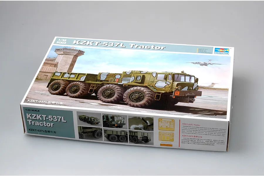 A product box for a Trumpeter 1/35 scale KZKT-537L airfield tractor model kit, featuring artwork of the military vehicle on an airfield.