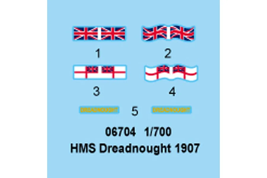 A decal sheet for the Trumpeter 1/700 HMS Dreadnought 1907 model kit, featuring British flags and ship name labels.