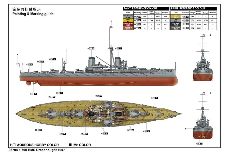 Painting and marking guide for a 1/700 scale Trumpeter HMS Dreadnought 1907 model kit, showing side, top, and front views with paint reference tables.