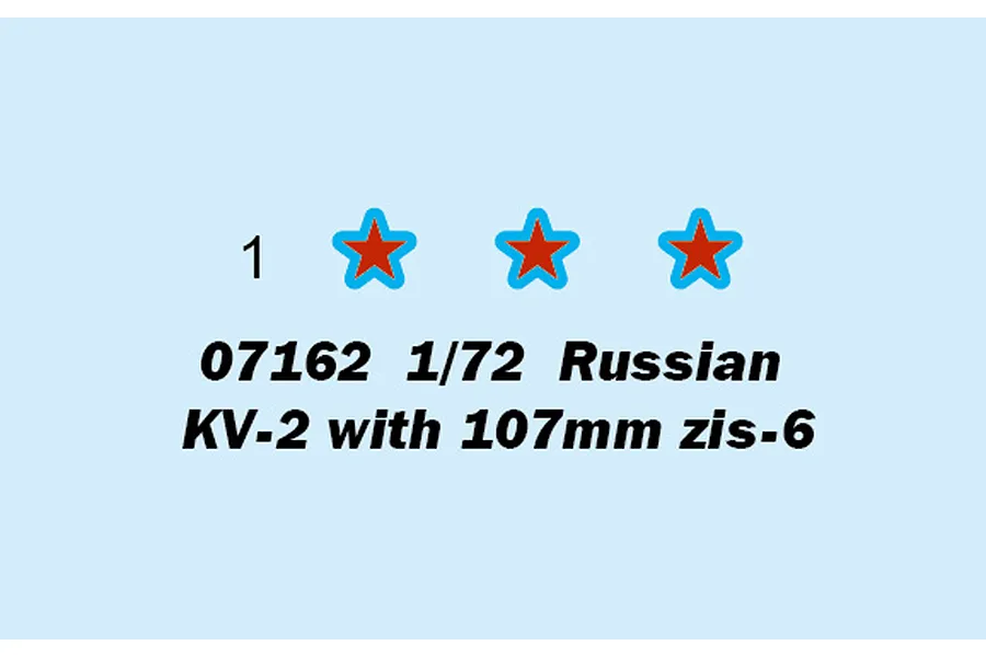 A digital graphic showing the number 1, three red stars with blue outlines, and the text 07162 1/72 Russian KV-2 with 107mm zis-6 against a light blue background.