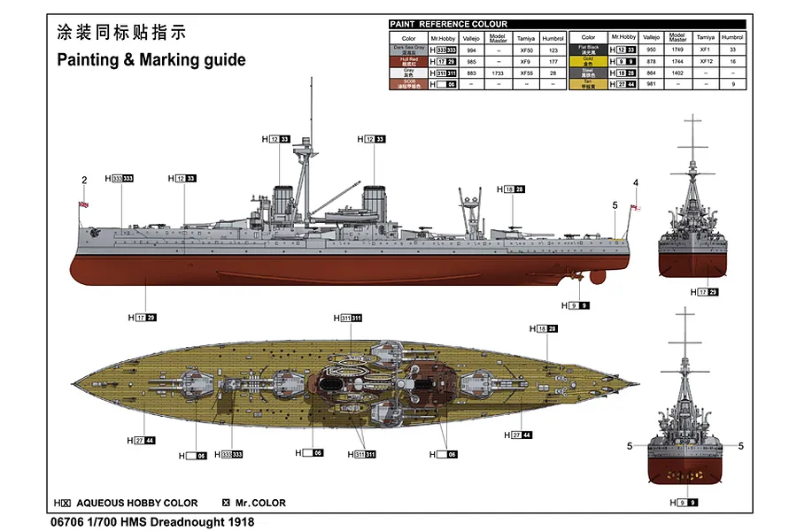 Painting and marking guide for the Trumpeter 1/700 HMS Dreadnought 1918 model kit, showing side, top, and end views with paint color references.