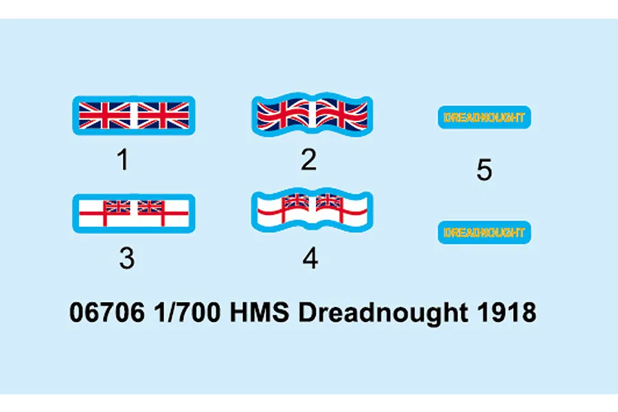 Decal sheet for Trumpeter 1/700 HMS Dreadnought 1918 model kit showing flags and name plates.