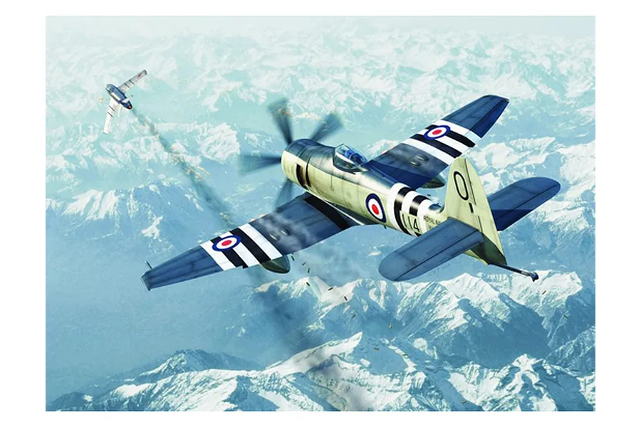 Box art illustration of two Sea Fury fighter aircraft flying over snow-capped mountains, with one plane firing its guns.