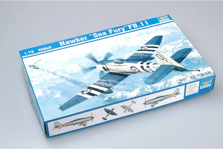 A Trumpeter 1/72 scale Hawker Sea Fury FB.11 plastic model kit box showing an illustration of the aircraft in flight over a mountain range.
