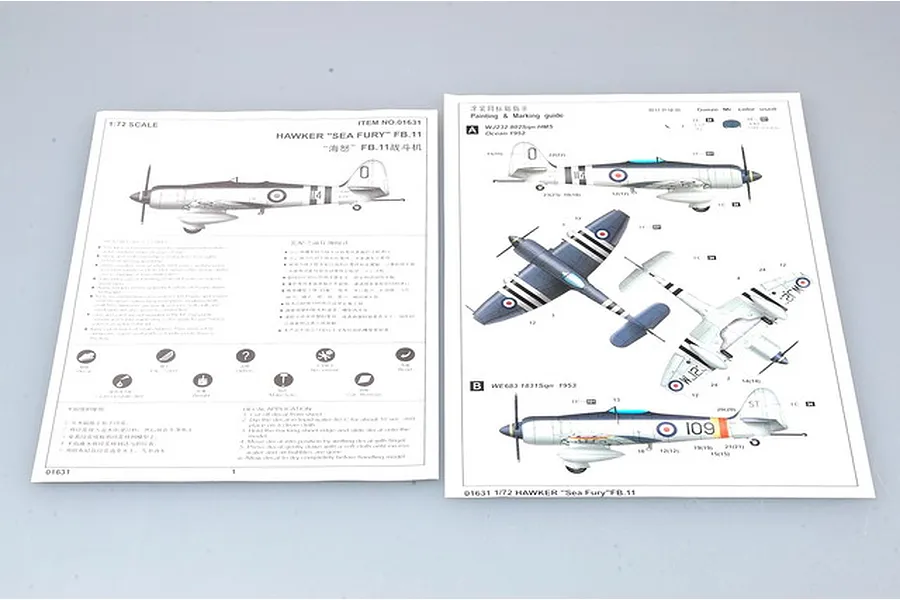 Instruction manual and painting guide for the Trumpeter 1/72 scale Hawker Sea Fury FB.11 model kit, showing assembly steps and aircraft marking diagrams.