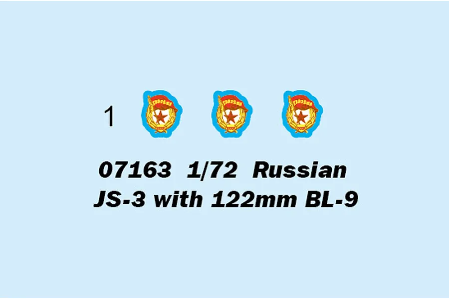 Decal sheet detail for Trumpeter 1/72 Russian JS-3 model kit showing three identical Soviet-style emblem decals labeled with the number 1.