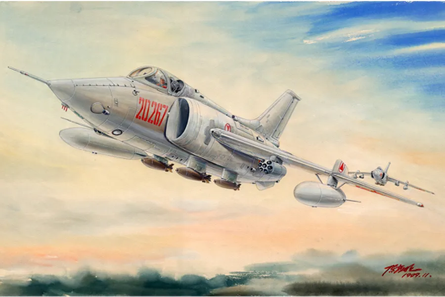 A detailed illustration of a Nanchang Q-5C jet aircraft in flight, featuring red markings and external weapon stores against a sunset sky.