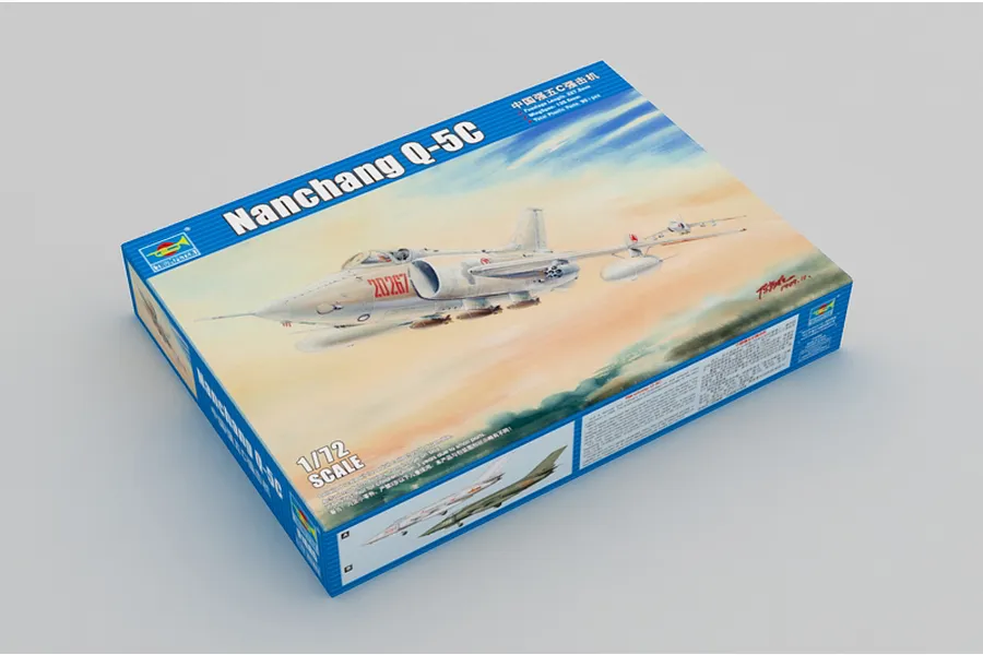 A studio shot of the Trumpeter 1/72 scale Nanchang Q-5C jet plastic model kit box, showing box art of the aircraft in flight.