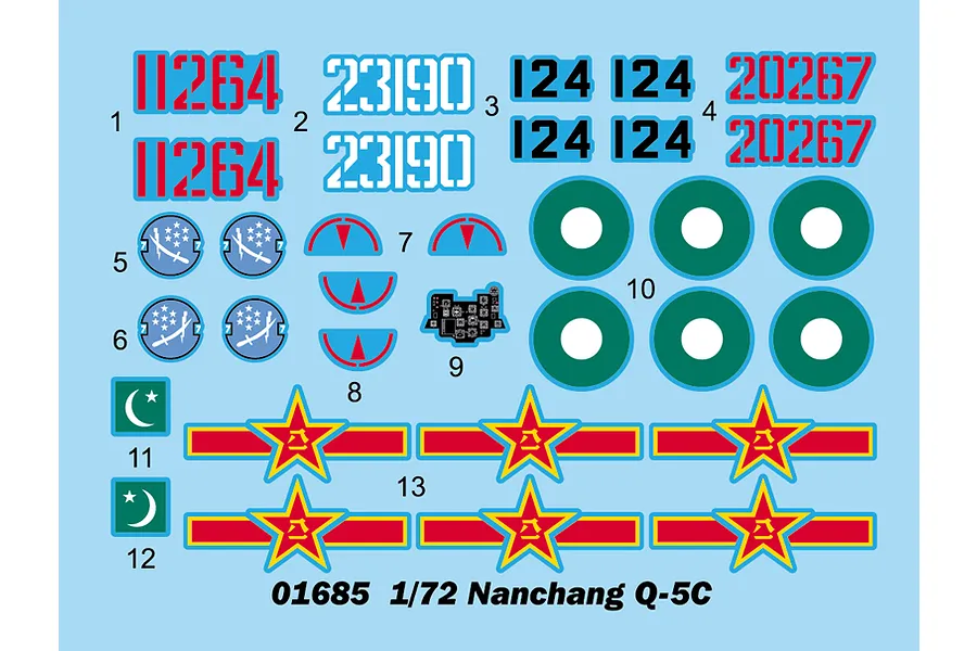 A decal sheet for a 1/72 scale Nanchang Q-5C model kit, featuring various military insignia, numbers, and markings on a light blue backing paper.