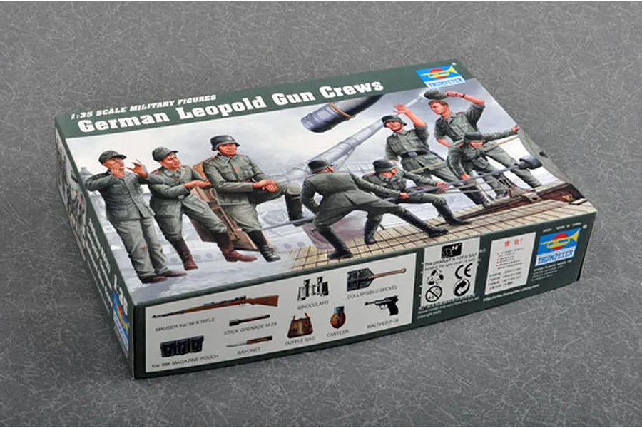 Trumpeter 1/35 scale German Leopold Gun Crews plastic model kit box showing illustrated figures in uniform on a railway gun platform.