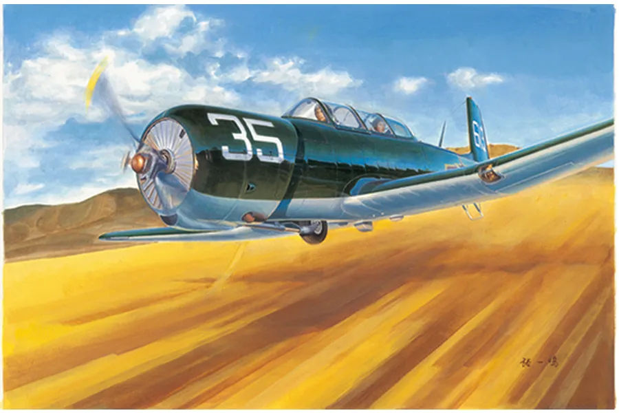 An artistic illustration of a dark green Nanchang CJ-6 trainer aircraft flying low over a golden field under a blue sky.