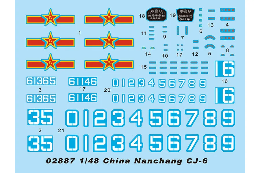 A decal sheet for a 1/48 scale Nanchang CJ-6 model kit, featuring Chinese military insignia, instrument panels, and various identification numbers.