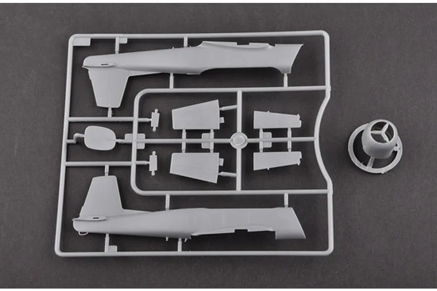 A grey plastic sprue containing model aircraft fuselage halves and wing parts for a Trumpeter 1/48 Nanchang CJ-6 kit.