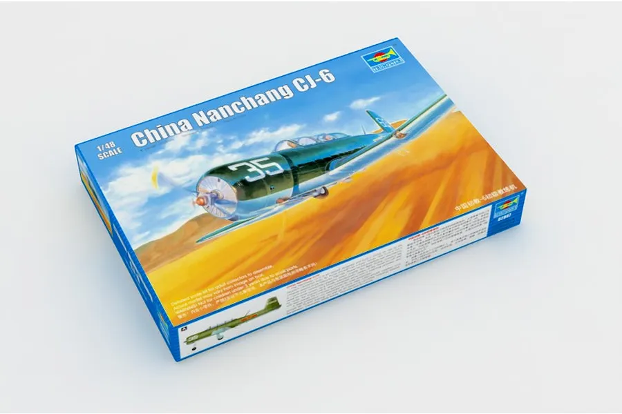 Trumpeter 1/48 scale Nanchang CJ-6 trainer plastic model kit box, featuring box art of the aircraft in flight.