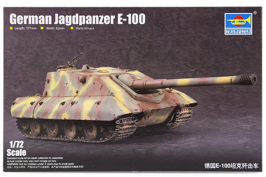 Product box for a Trumpeter 1/72 scale German Jagdpanzer E-100 plastic model kit featuring a painted model tank on the front.