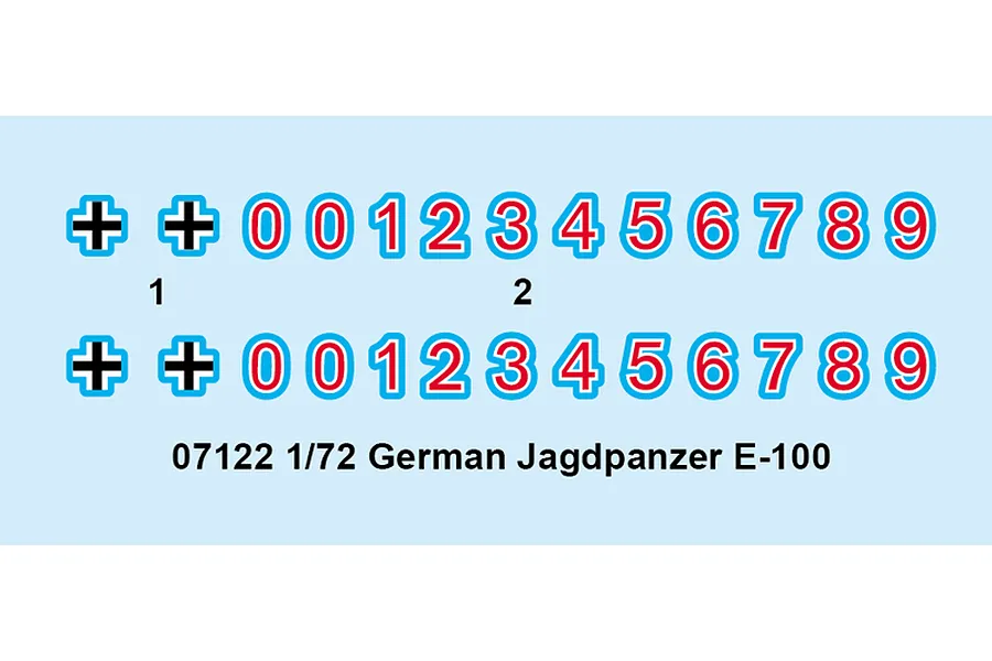 A decal sheet for a 1/72 scale Trumpeter German Jagdpanzer E-100 model kit, featuring two sets of Balkan crosses and numbers 0-9.